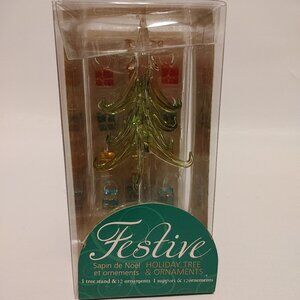 BEAUTIFUL FESTIVE Glass Tree with 12 Glass Holiday Ornaments BNIP